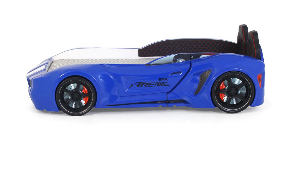 Letto singolo contenitore a forma di auto sportiva colore blu SPX XTREME con controller e musica, materasso incluso.