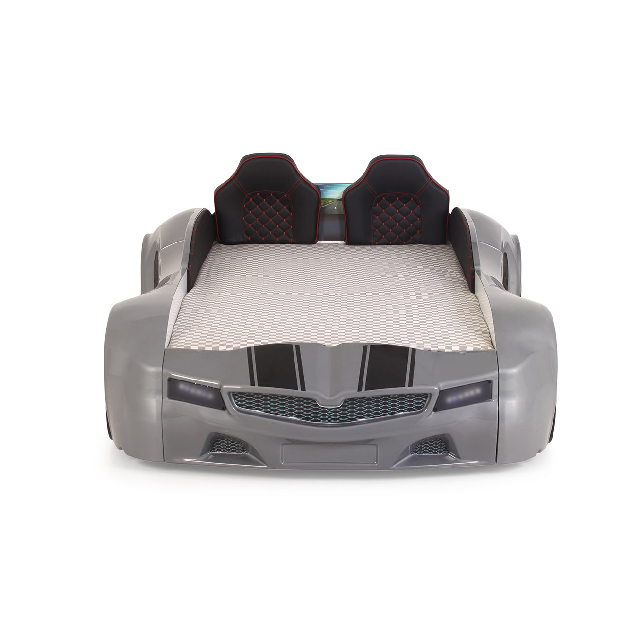 Letto singolo contenitore a forma di auto sportiva colore grigio SPX XTREME con controller e musica, materasso incluso.