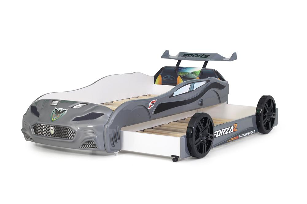 Letto singolo con secondo letto estraibile a forma di auto sportiva colore grigio FORZA2, materassi inclusi.