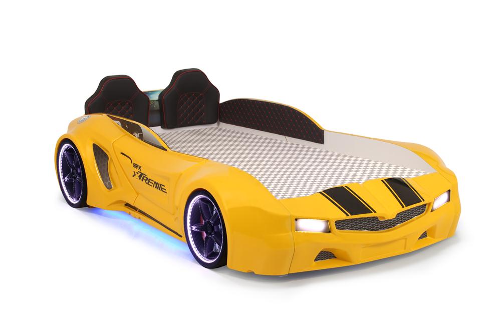 Letto singolo contenitore a forma di auto sportiva colore giallo SPX XTREME con controller e musica, materasso incluso.