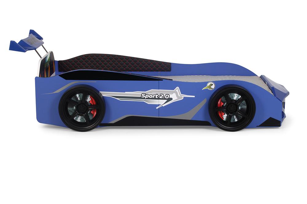 Letto singolo a forma di auto sportiva colore blu SPORT 3.0, materasso incluso.