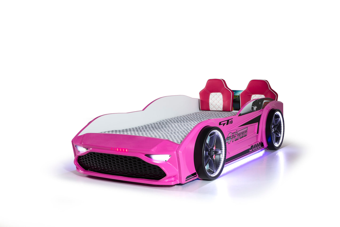 Letto singolo contenitore a forma di auto sportiva colore rosa GT18, materasso incluso.