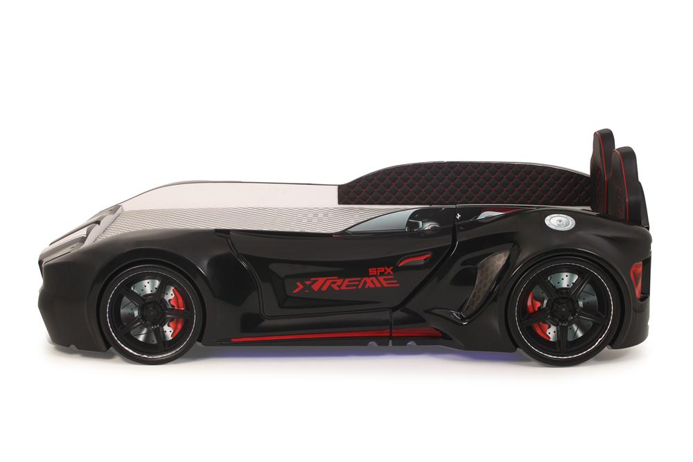 Letto singolo contenitore a forma di auto sportiva colore nero SPX XTREME con controller e musica, materasso incluso.