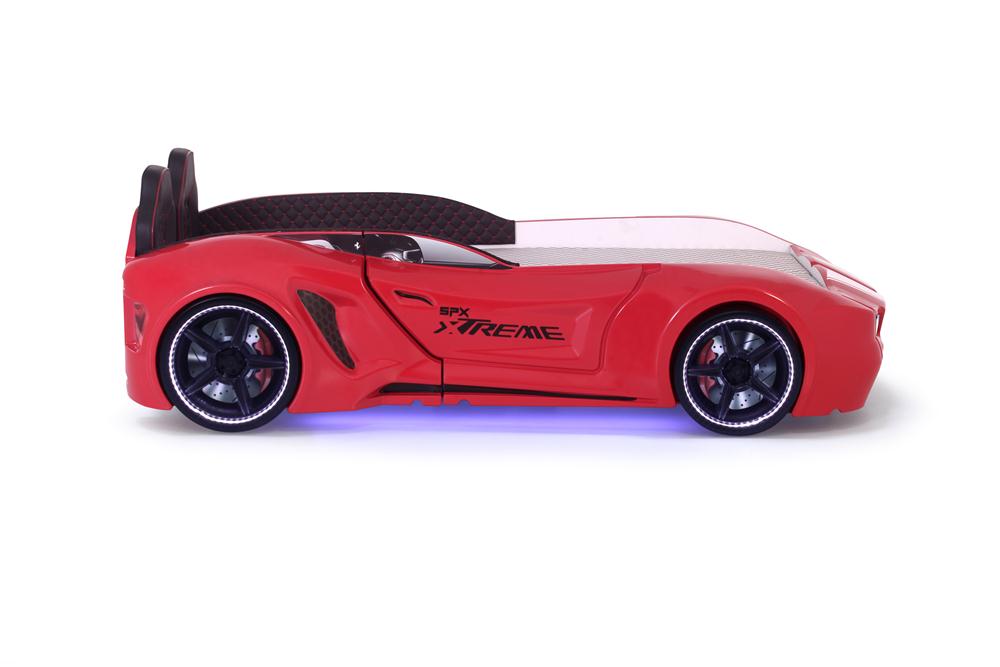 Letto singolo contenitore a forma di auto sportiva colore rosso SPX XTREME con controller e musica, materasso incluso.