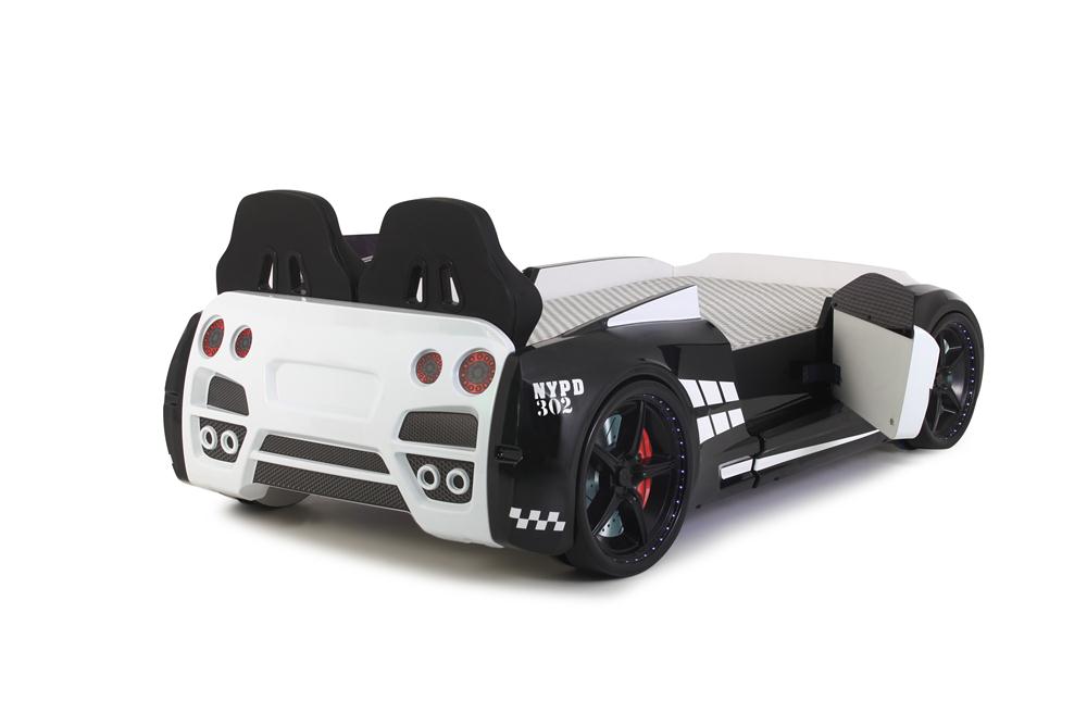 Letto singolo contenitore a forma di auto della polizia colore bianco e nero GTR con apertura porte, materasso incluso.