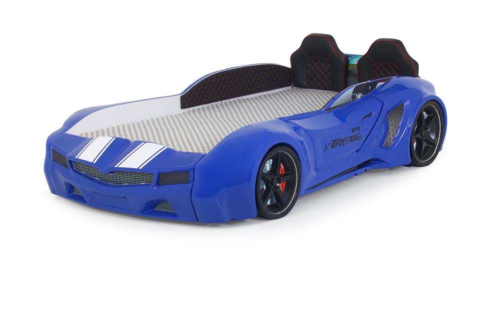 Letto singolo contenitore a forma di auto sportiva colore blu SPX XTREME con controller e musica, materasso incluso.