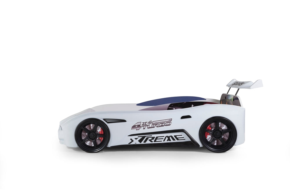 Einzelbett in Form eines ASTON-Sportwagens in Weiß, inklusive Matratze.