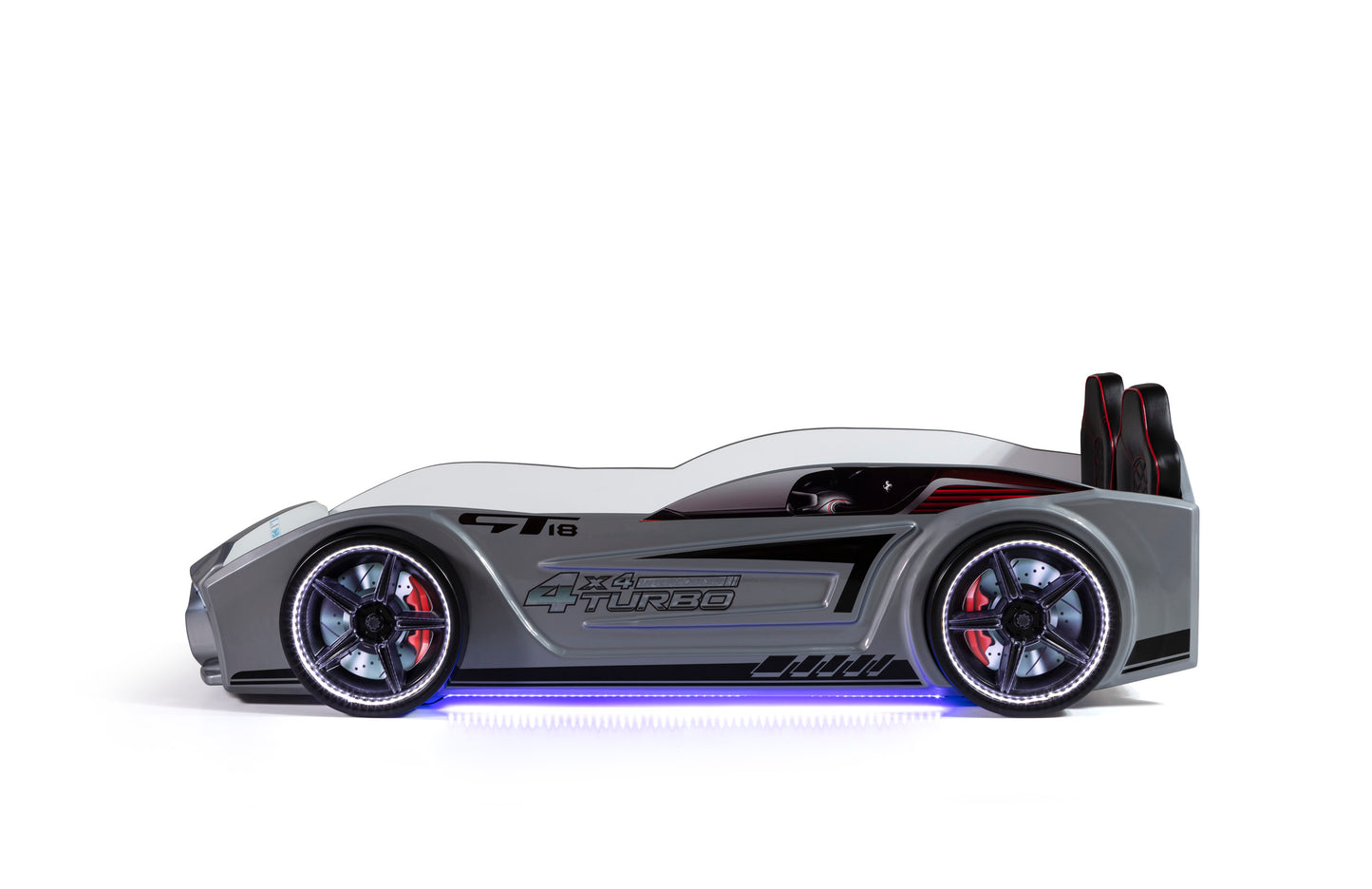 Letto singolo contenitore a forma di auto sportiva colore grigio GT18, materasso incluso.