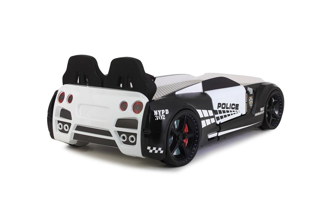 Letto singolo contenitore a forma di auto della polizia colore bianco e nero GTR con apertura porte, materasso incluso.