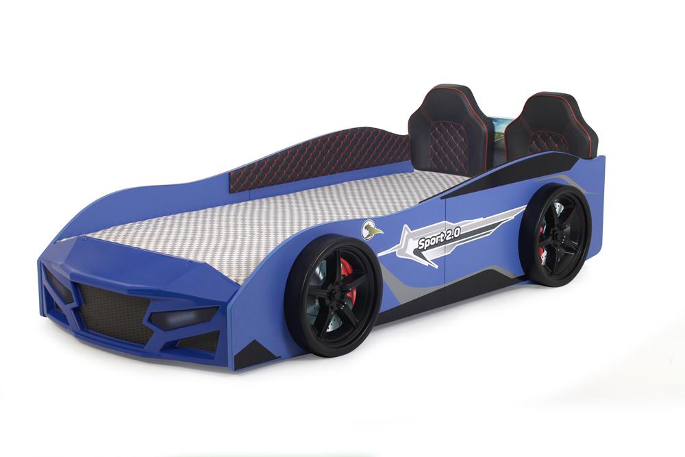 Letto singolo a forma di auto sportiva colore blu SPORT 3.0, materasso incluso.