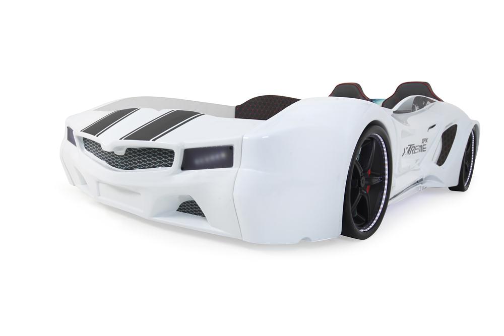 Letto singolo contenitore a forma di auto sportiva colore bianco SPX XTREME con controller e musica, materasso incluso.