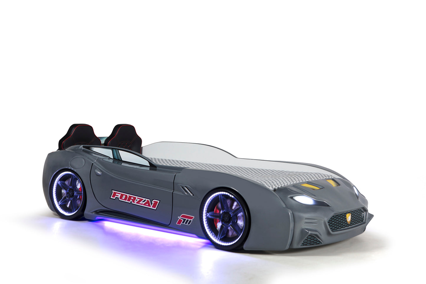 Letto singolo contenitore a forma di auto sportiva colore grigio MAXI con comandi e musica, materasso incluso.