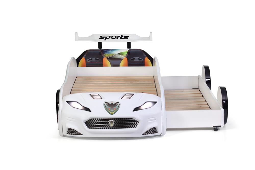 Letto singolo con secondo letto estraibile a forma di auto sportiva colore bianco FORZA2, materassi inclusi.