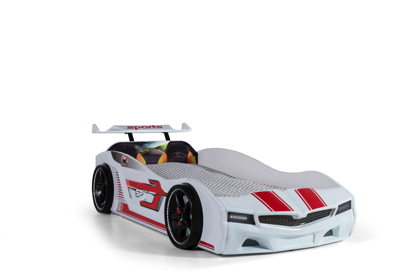 Letto singolo contenitore a forma di auto sportiva colore bianco SPX, materasso incluso.