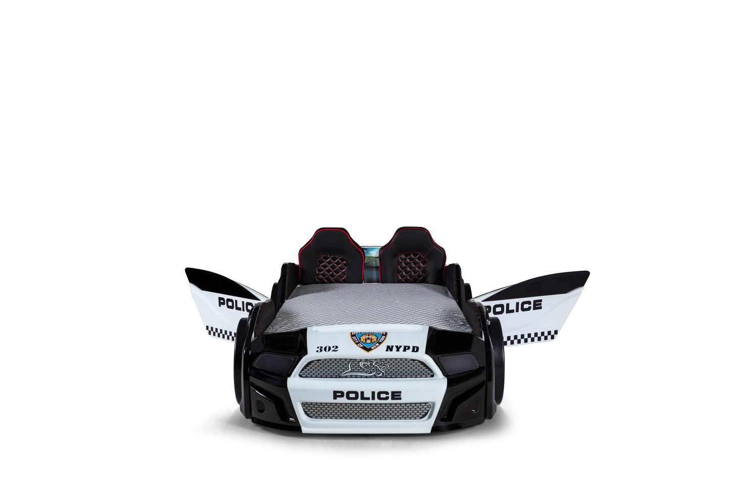 Letto singolo contenitore a forma di auto della polizia MUSTANG colore nero e bianco, con apertura porte, materasso incluso.