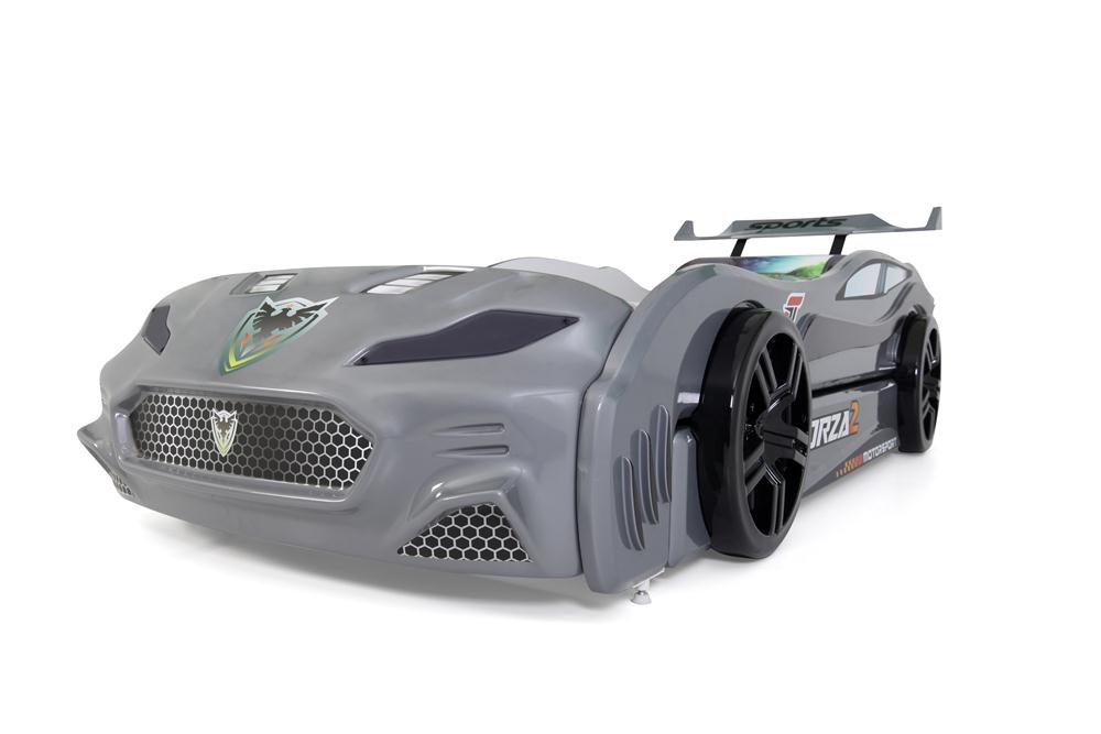 Letto singolo con secondo letto estraibile a forma di auto sportiva colore grigio FORZA2, materassi inclusi.