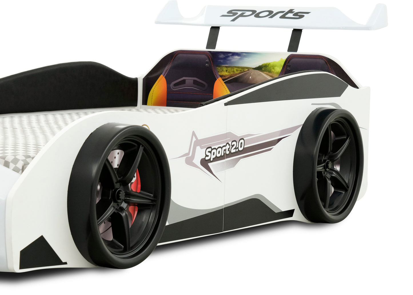 Letto singolo a forma di auto sportiva colore bianco SPORT 3.0, materasso incluso.