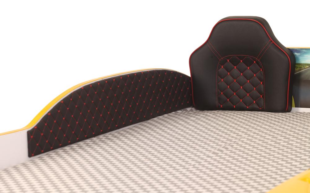 Letto singolo contenitore a forma di auto sportiva colore giallo SPX XTREME con controller e musica, materasso incluso.