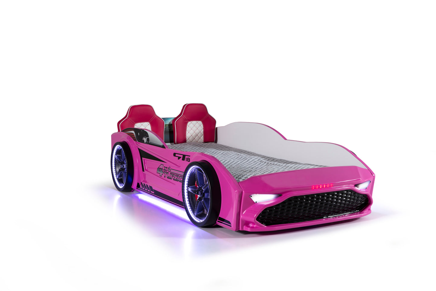 Letto singolo contenitore a forma di auto sportiva colore rosa GT18, materasso incluso.