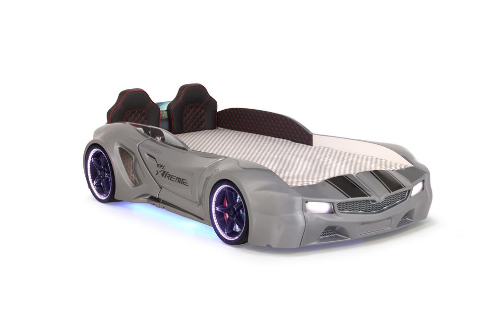 Letto singolo contenitore a forma di auto sportiva colore grigio SPX XTREME con controller e musica, materasso incluso.