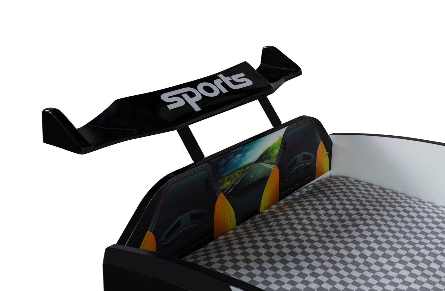 Letto singolo contenitore a forma di auto sportiva colore nero SPX, materasso incluso.