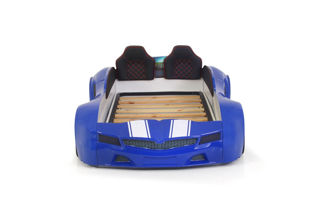 Letto singolo contenitore a forma di auto sportiva colore blu SPX XTREME con controller e musica, materasso incluso.