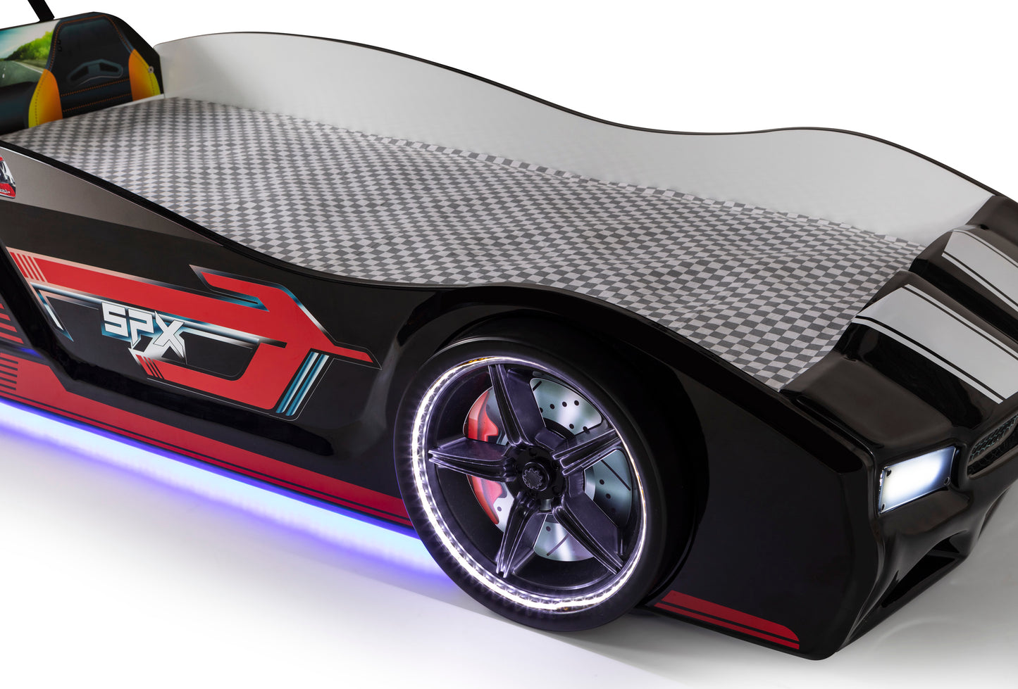 Letto singolo contenitore a forma di auto sportiva colore nero SPX, materasso incluso.