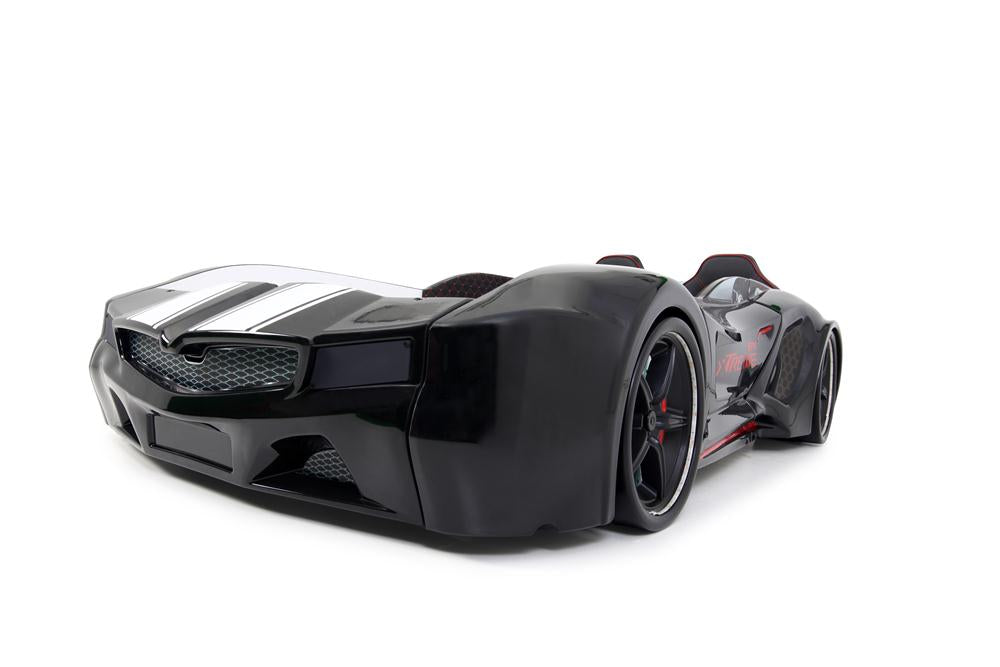 Letto singolo contenitore a forma di auto sportiva colore nero SPX XTREME con controller e musica, materasso incluso.