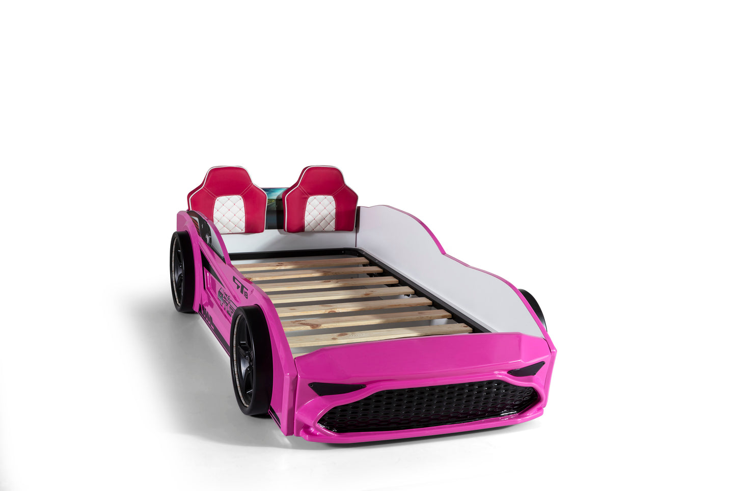 Letto singolo contenitore a forma di auto sportiva colore rosa GT18, materasso incluso.
