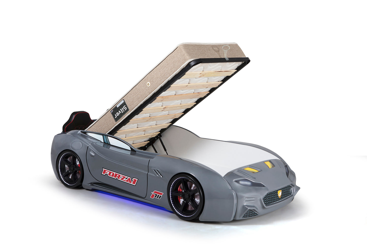 Letto singolo contenitore a forma di auto sportiva colore grigio MAXI con comandi e musica, materasso incluso.