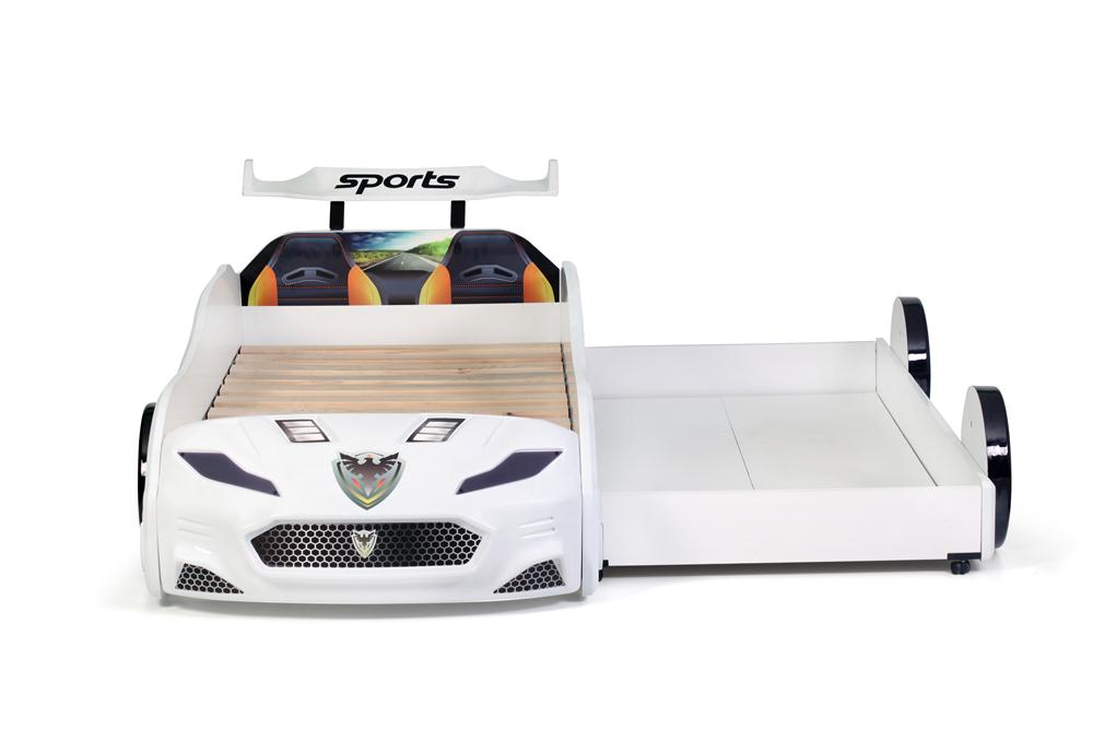 Letto singolo con secondo letto estraibile a forma di auto sportiva colore bianco FORZA2, materassi inclusi.