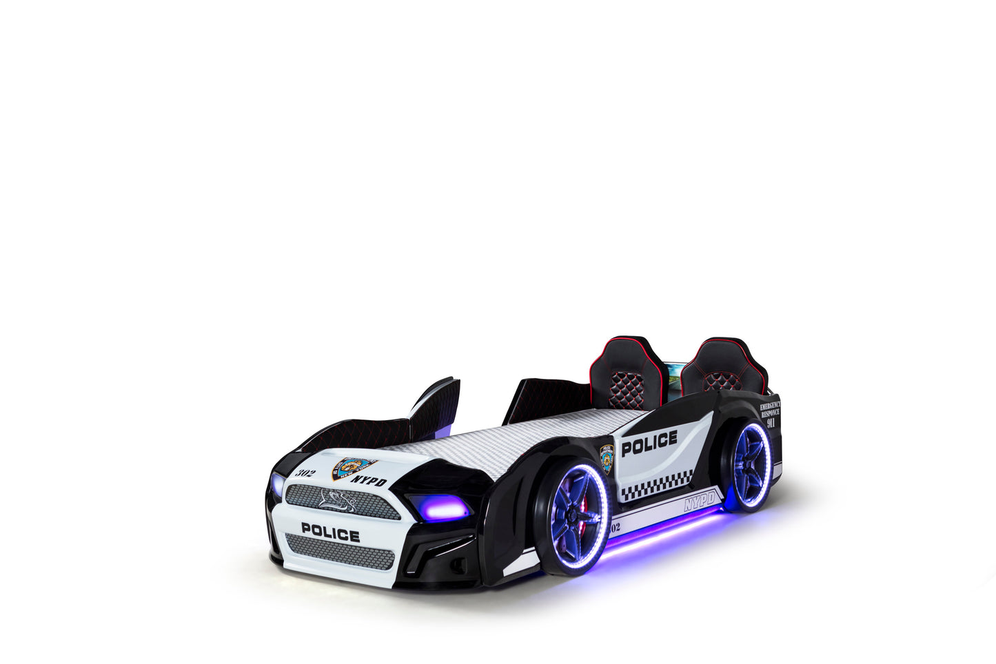 Letto singolo contenitore a forma di auto della polizia MUSTANG colore nero e bianco, con apertura porte, materasso incluso.