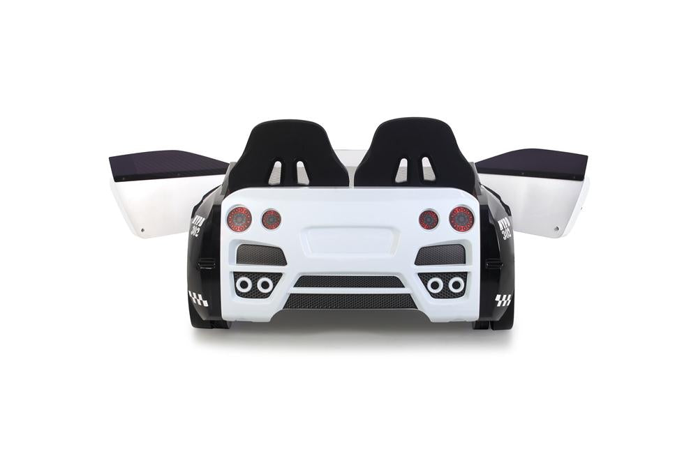 Letto singolo contenitore a forma di auto della polizia colore bianco e nero GTR con apertura porte, materasso incluso.