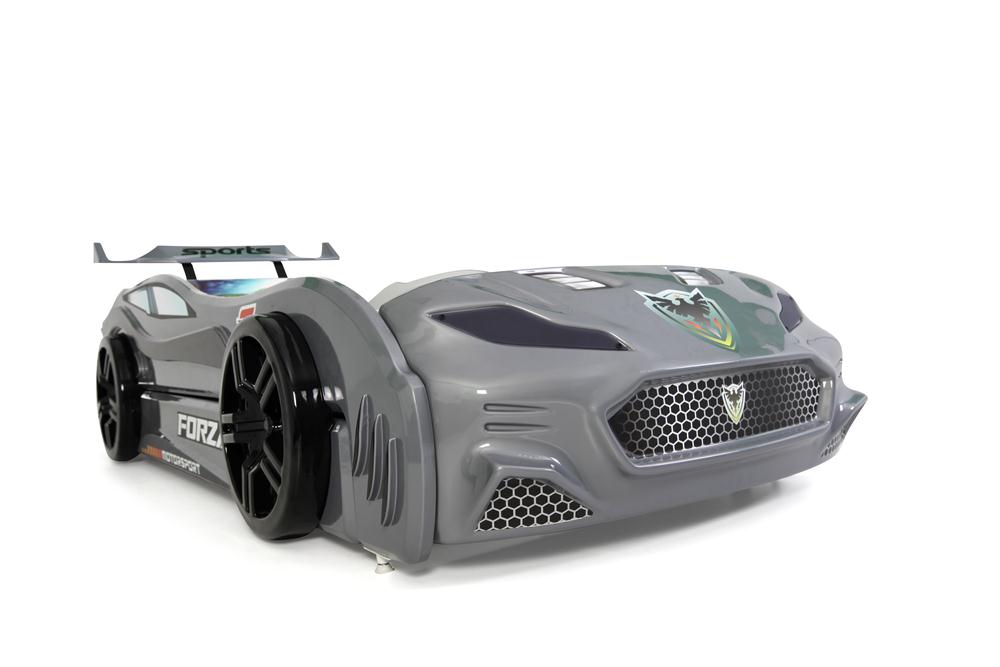 Letto singolo con secondo letto estraibile a forma di auto sportiva colore grigio FORZA2, materassi inclusi.