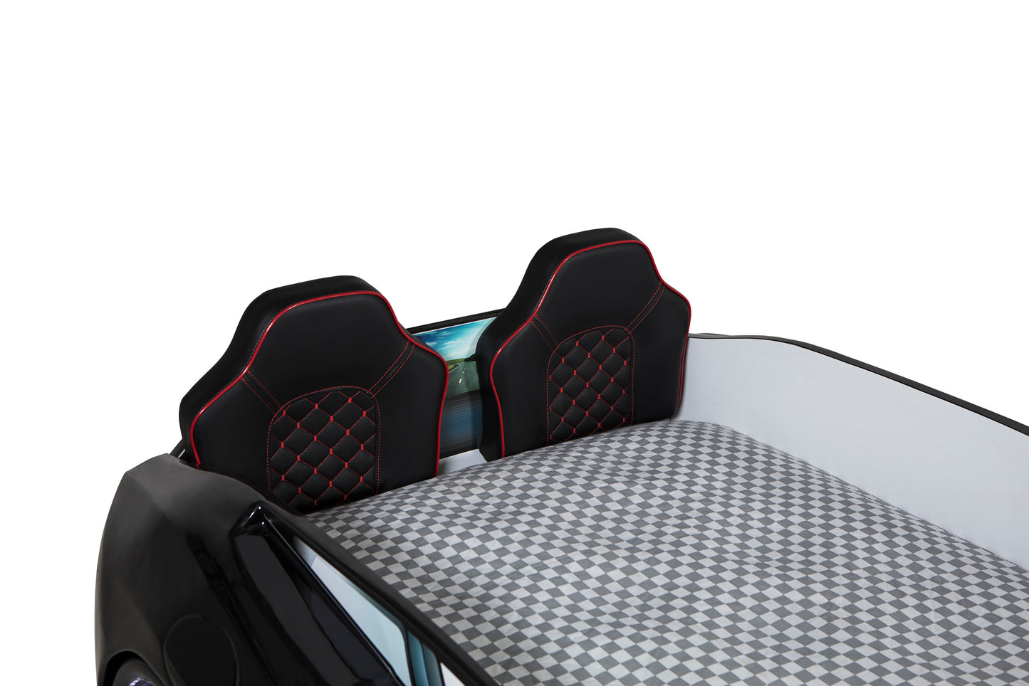 Letto singolo contenitore a forma di auto sportiva colore nero MAXI con comandi e musica, materasso incluso.