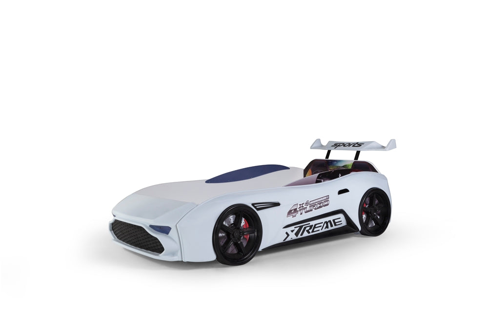 Einzelbett in Form eines ASTON-Sportwagens in Weiß, inklusive Matratze.