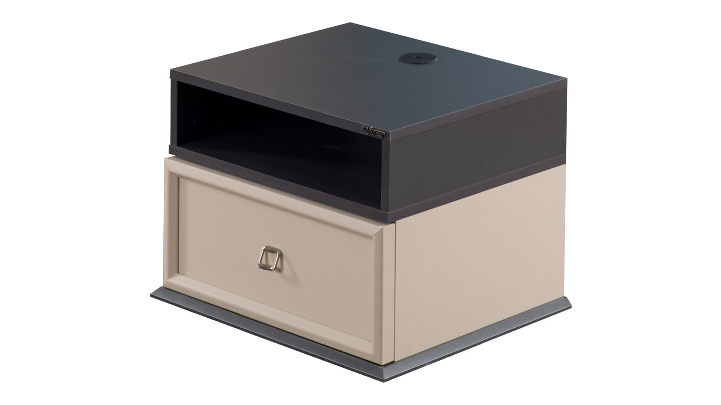 Chambre enfant complète "Ares" de style moderne et fonctionnel en chêne clair, beige et gris anthracite.