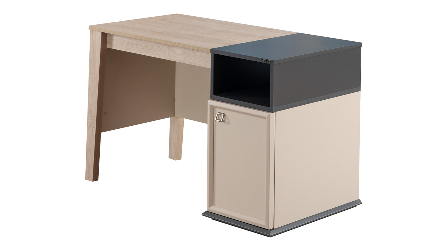 Chambre enfant complète "Ares" de style moderne et fonctionnel en chêne clair, beige et gris anthracite.
