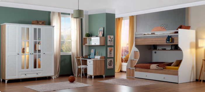 Komplettes Kinderzimmer „Best“ im Kolonialstil in hellem Holz und Weiß mit kompaktem Etagenbett.
