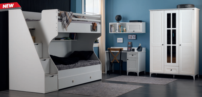 Cameretta completa per ragazzi "Best" stile provenzale colore bianco con letto a castello compatto.