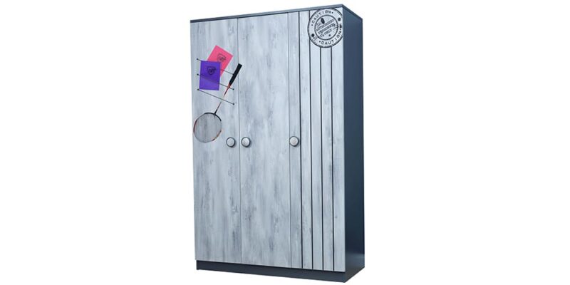Chambre garçon complète "Beta", style raquette de tennis, en bleu air force et gris clair.