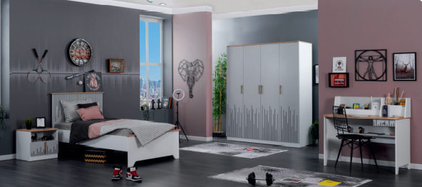 Cameretta completa per ragazzi "Lucas" stile contemporaneo color bianco, nero e legno chiaro.
