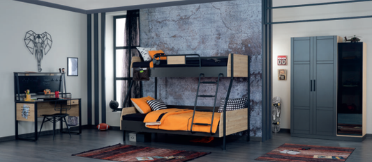 Komplettes Jungenschlafzimmer „Boss“ mit Etagenbett in Anthrazitgrau und Holz