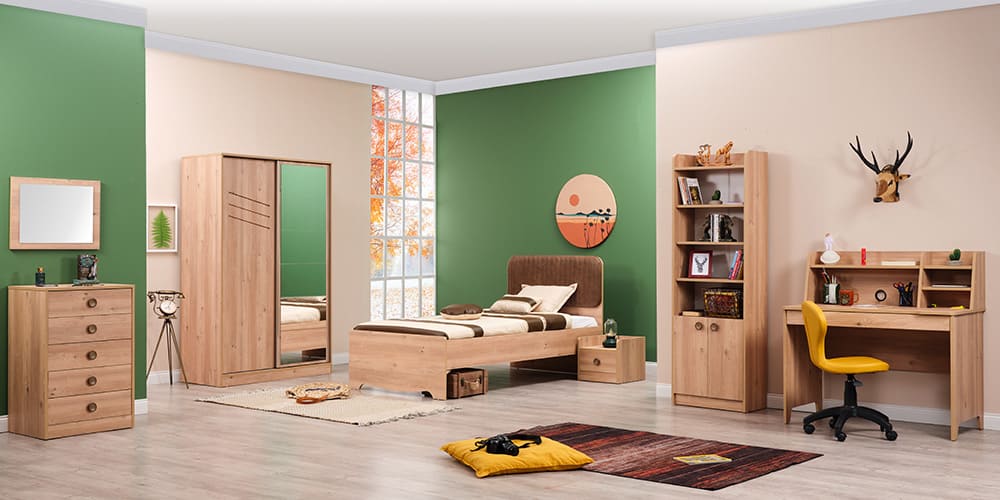 Cameretta completa per ragazzo "Nesta" stile essenziale color legno pino chiaro.