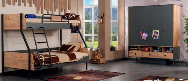 Cameretta completa per ragazzo "Nitro" con letto a castello colore blu avio e legno.