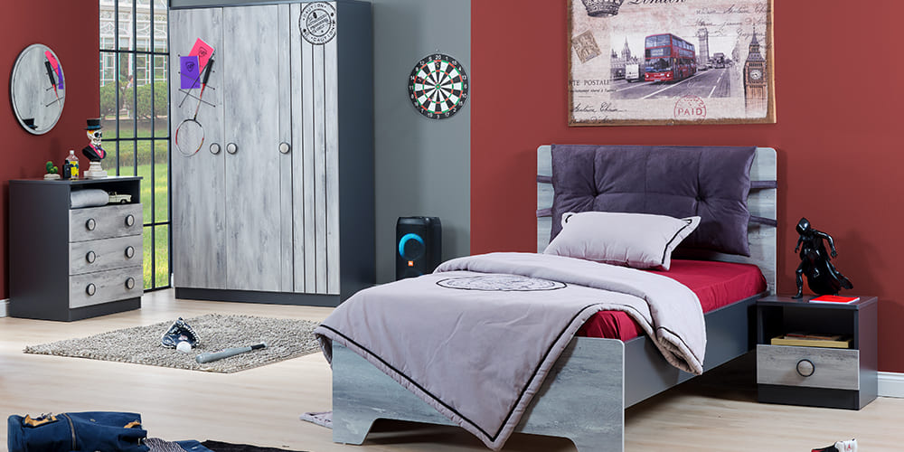 Chambre complète pour garçon avec lit 120x200 style "Urban" gris