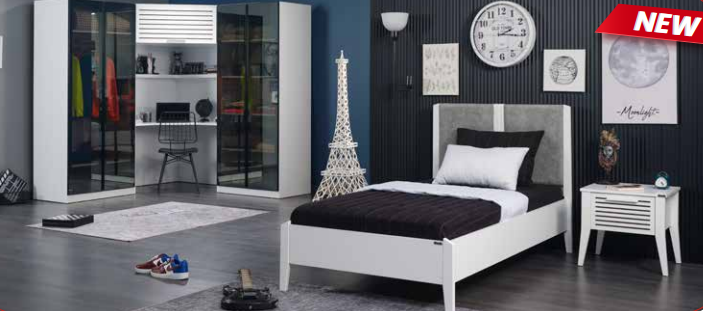 Cameretta completa per ragazzi "Twin" stile lineare colore bianco con armadio angolare.