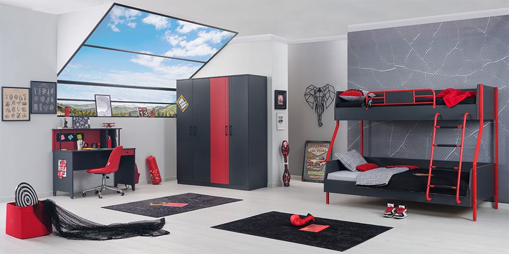 Cameretta completa per ragazzo con letto a castello "Flow" grigio antracite e rosso.
