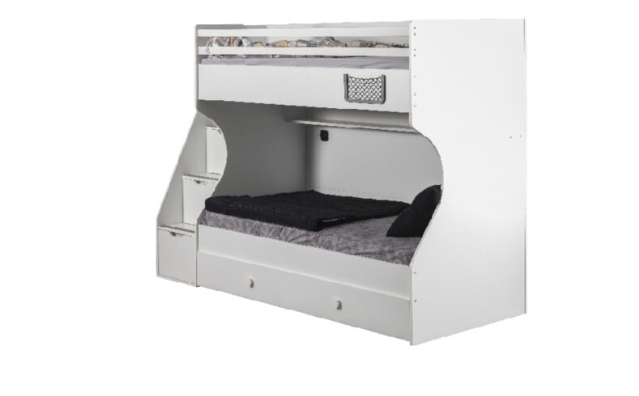 Chambre d'enfant complète "Carmen" de style campagnard moderne en blanc avec lits superposés compacts.