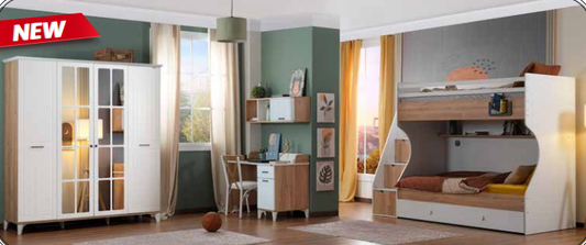 Komplettes Kinderzimmer „Diamond“ in Weiß und heller Eiche mit kompaktem Etagenbett.